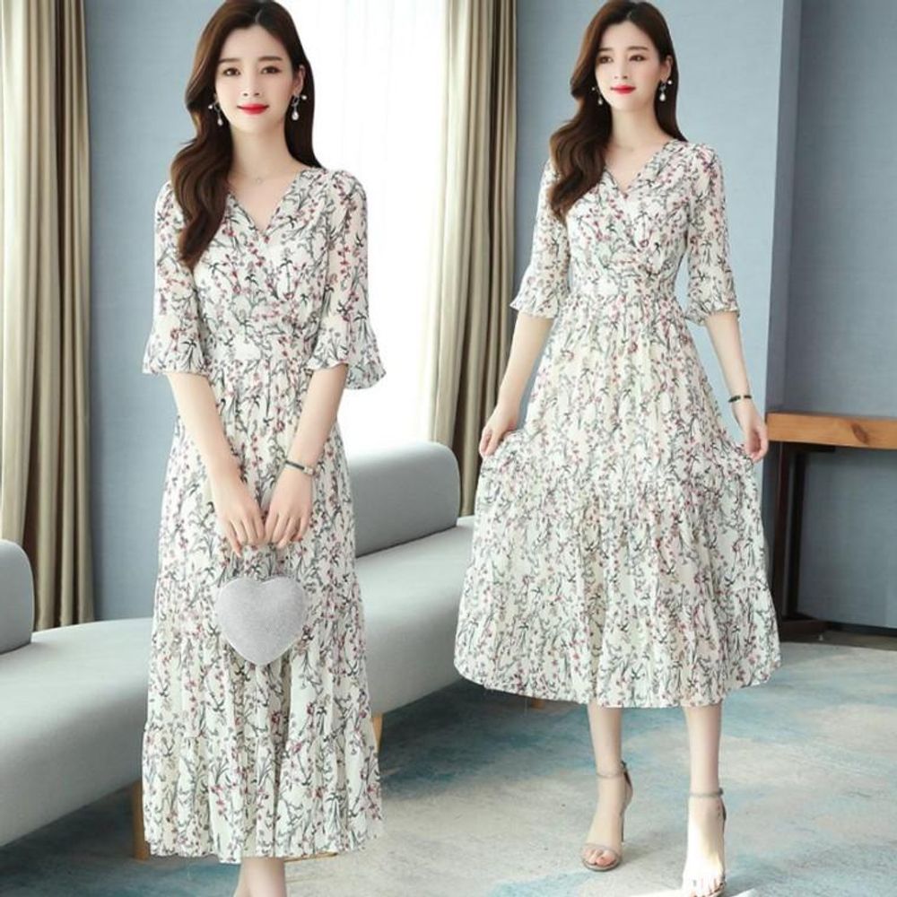 쉬폰 롱치마 반팔원 여성 휴양지 플라워롱 스모크 비