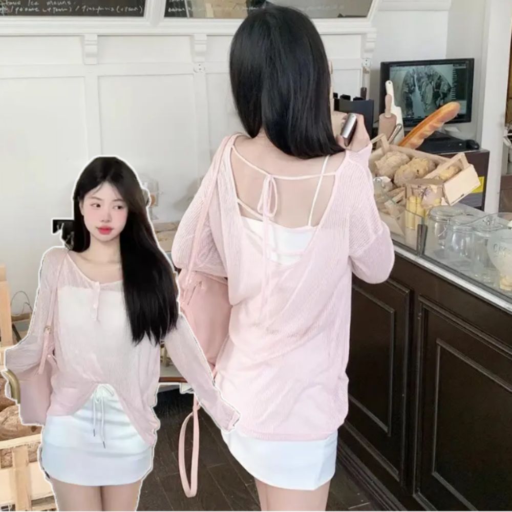 여성 여름 여리루즈핏 백스트랩 가벼운 시스루 티셔츠