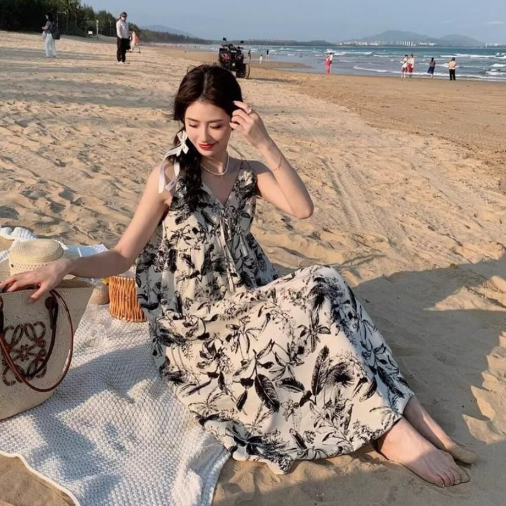 앞부분 리본매듭 포인트 수묵화 플라워 패턴 롱원피스