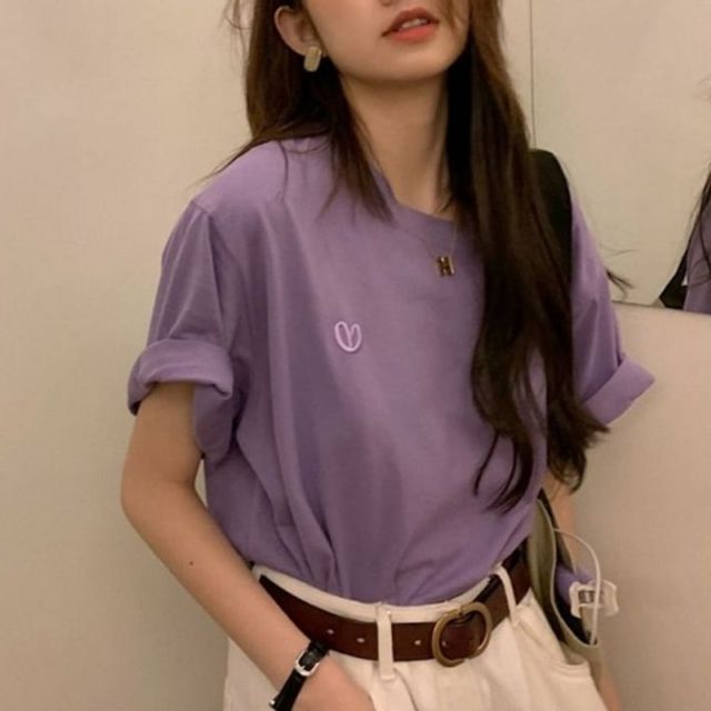 하트자수 반팔 여자 기본 티셔츠 데이 오버핏 라운드