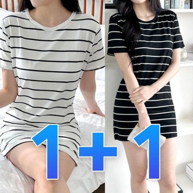 1+1 반팔 캐주얼 기본 원피스 데이 스트라이프 미니