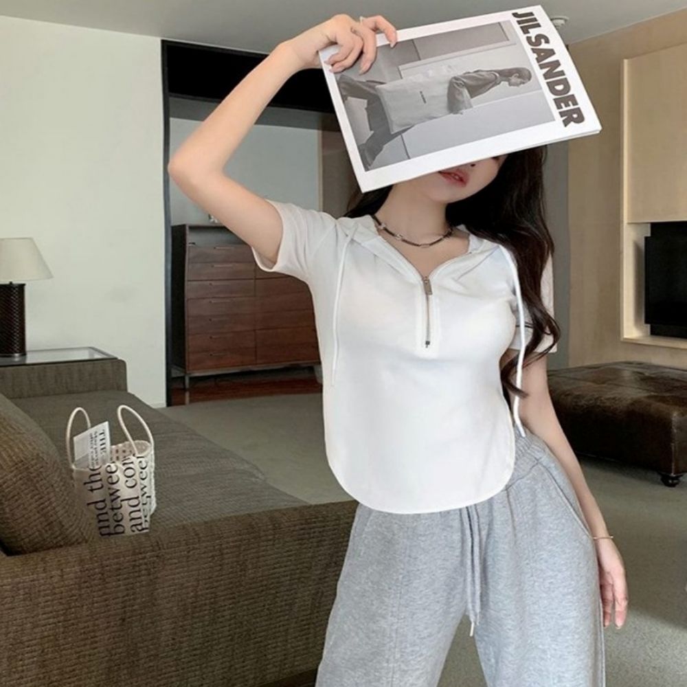 일상복 스포츠 조깅 티셔츠 여성 후드 반팔 집업