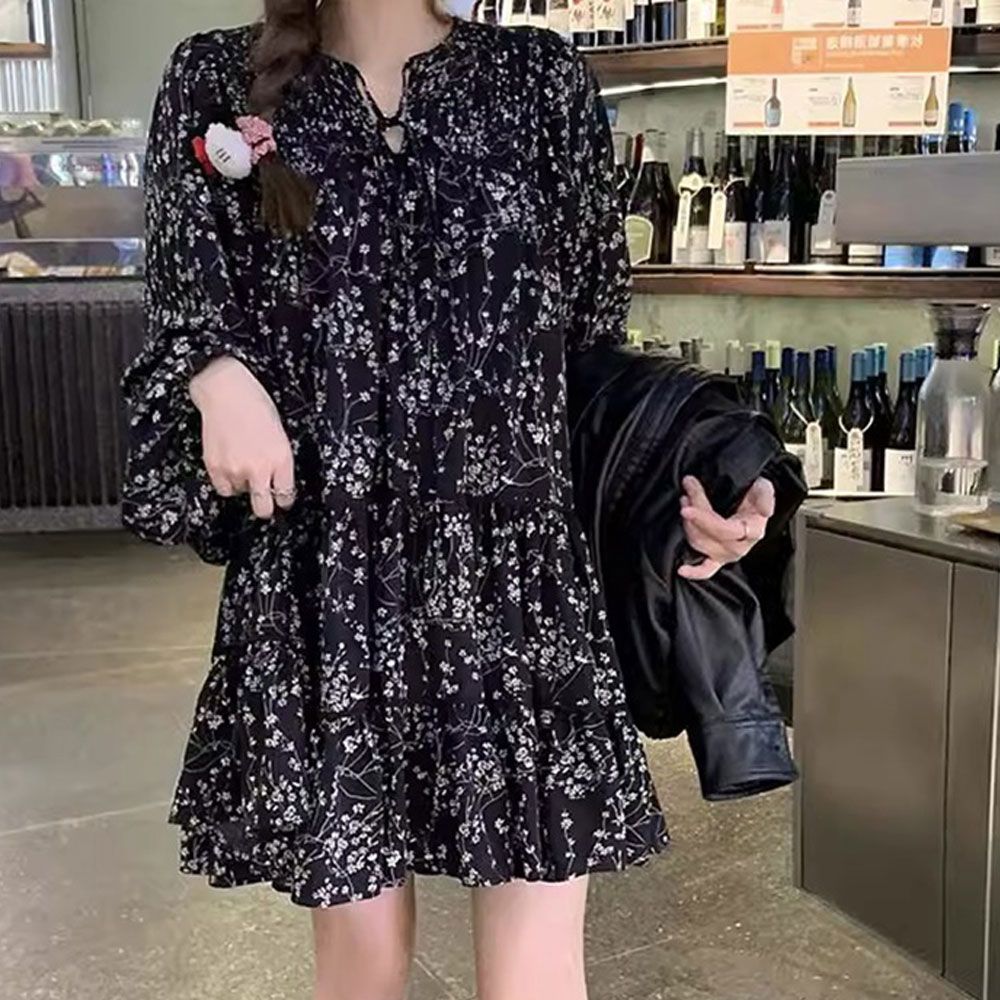루즈핏 플라워패턴 미니원피스 스트링 캉캉원피스