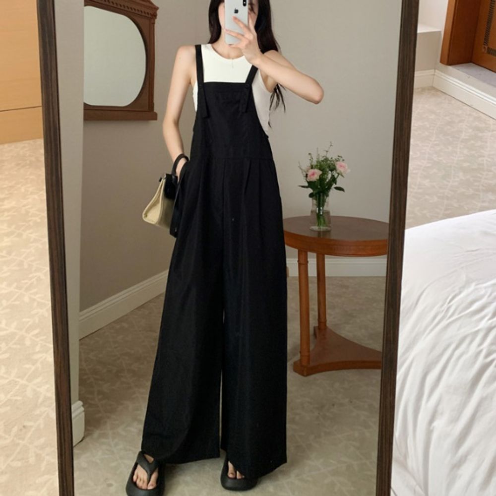 여성 데이트룩 데일리룩 멜빵바지 와이드 팬츠 2컬러