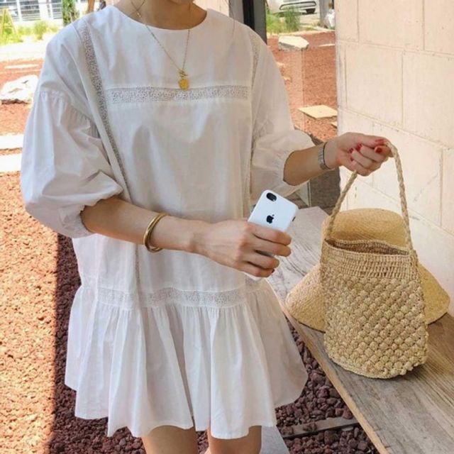 레이스 화이트 자수 기본 원피스 데이 밑단 프릴 편한
