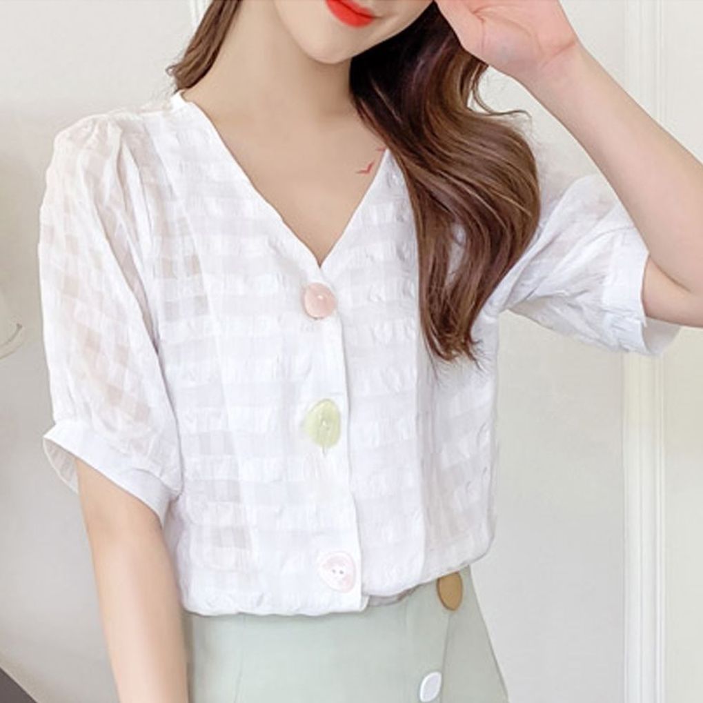 여자여름셔츠 반팔 흰색 시스루 노카라 노카라블