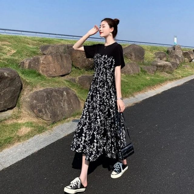 S00746 여리 어깨배색 기본 플라워 데이 롱 반팔원피