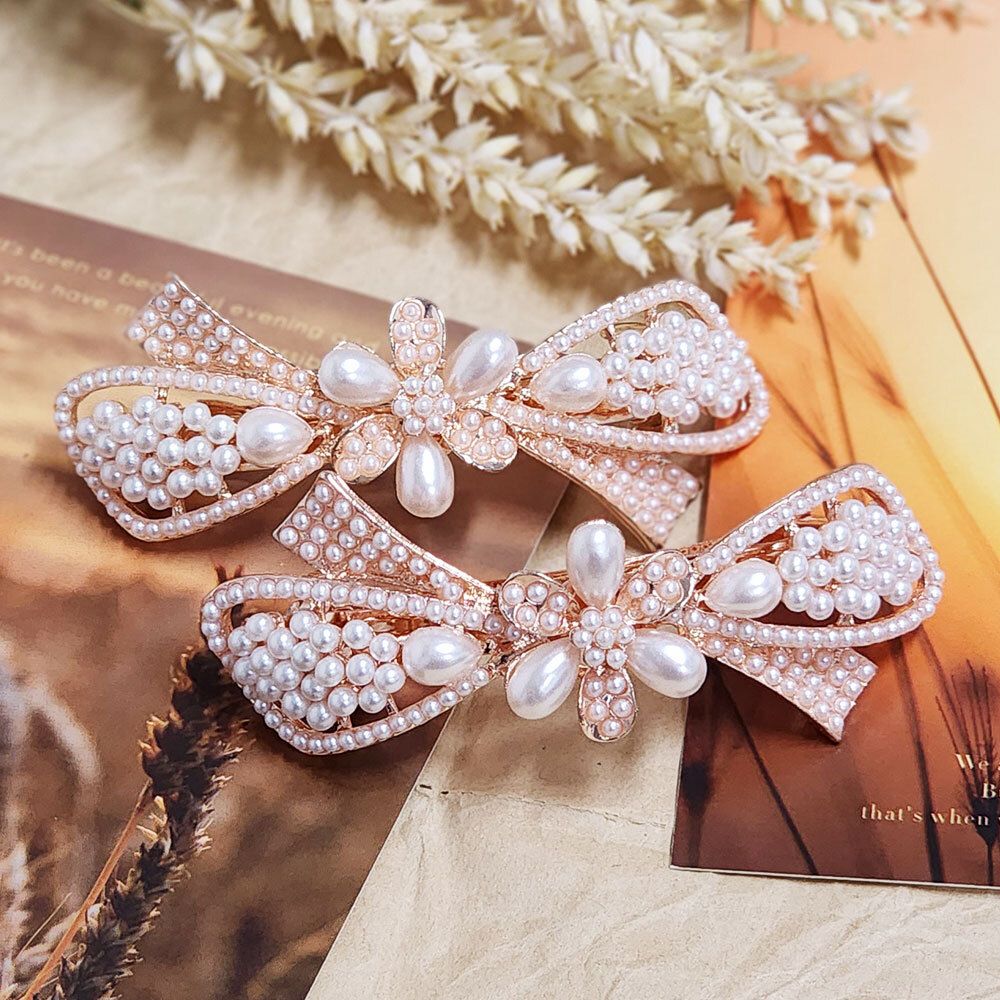 진주 바레트 헤어핀 자동핀 머리핀 여섯꽃잎 고정핀 리본