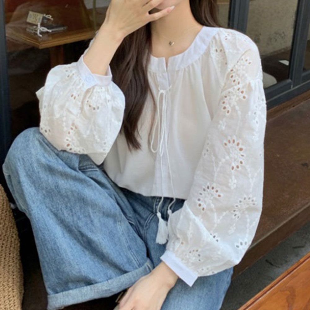 여성 플라워 자수 펀칭 스트링 루즈핏 긴팔블라우스