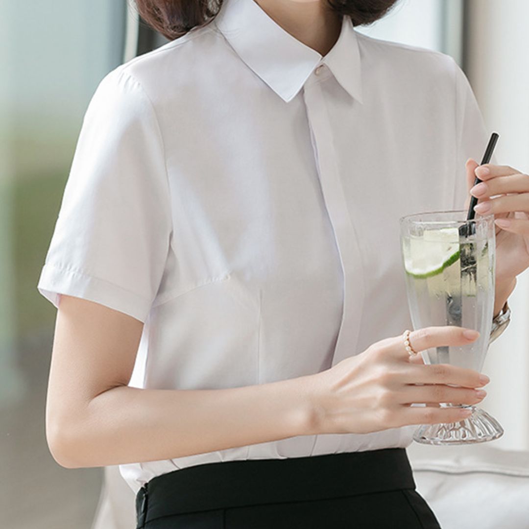 미레인 여성출근룩히든버튼 반팔셔츠 오피스 면접복