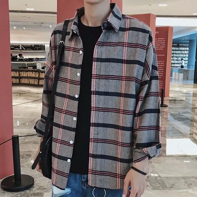 블라우스 아우터 셔츠 남방 체크 데일리 오버핏 긴팔