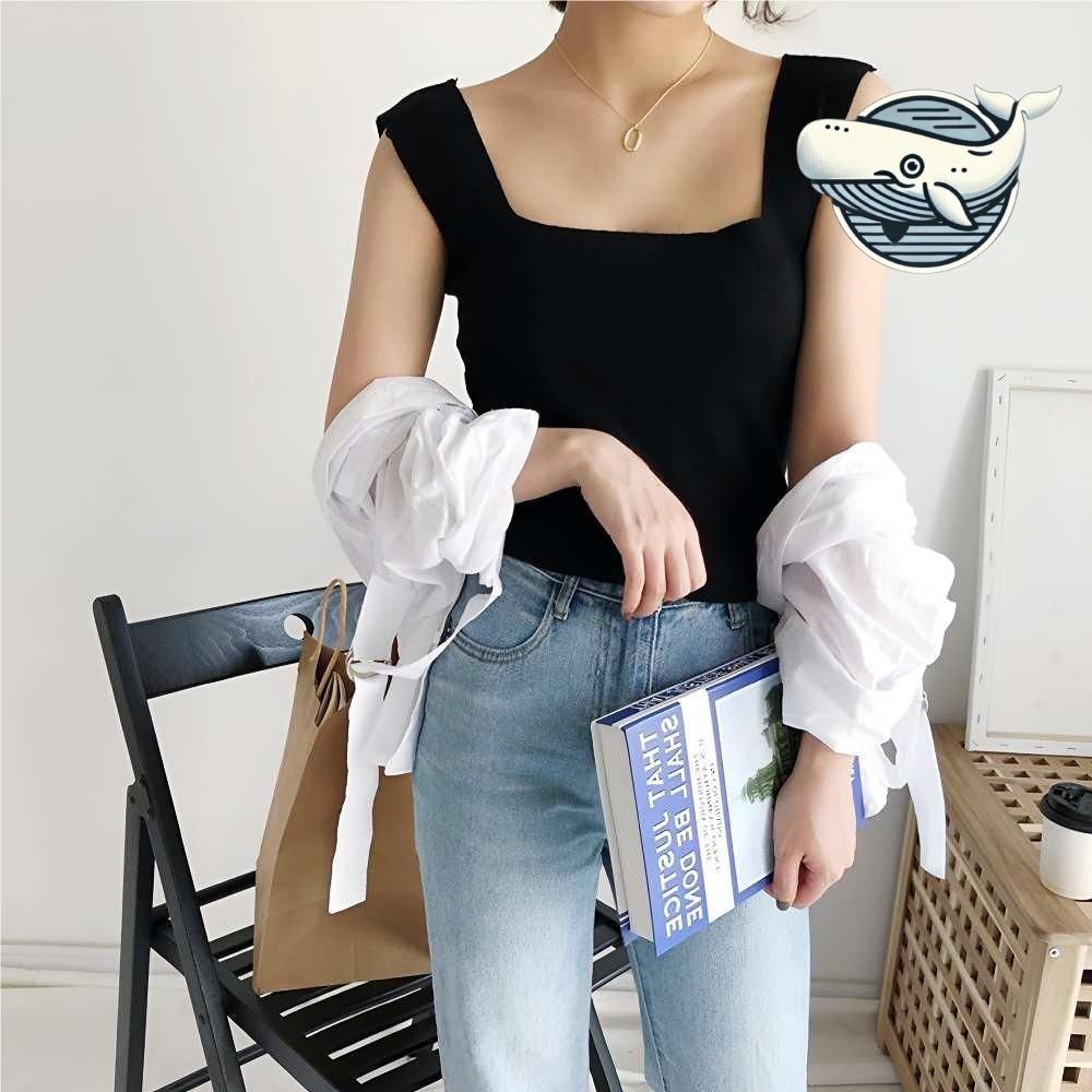편안한 스퀘어넥 민소매 블랙 탑 데일리
