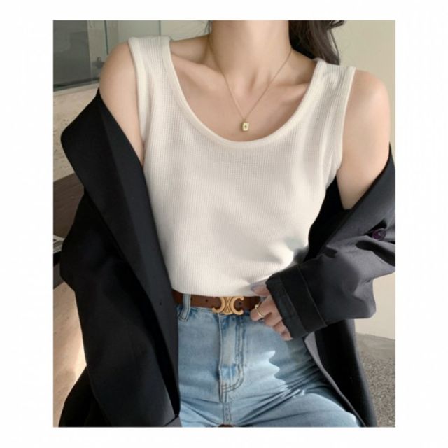 와플 민소매 루즈핏 기본 나시티 데이