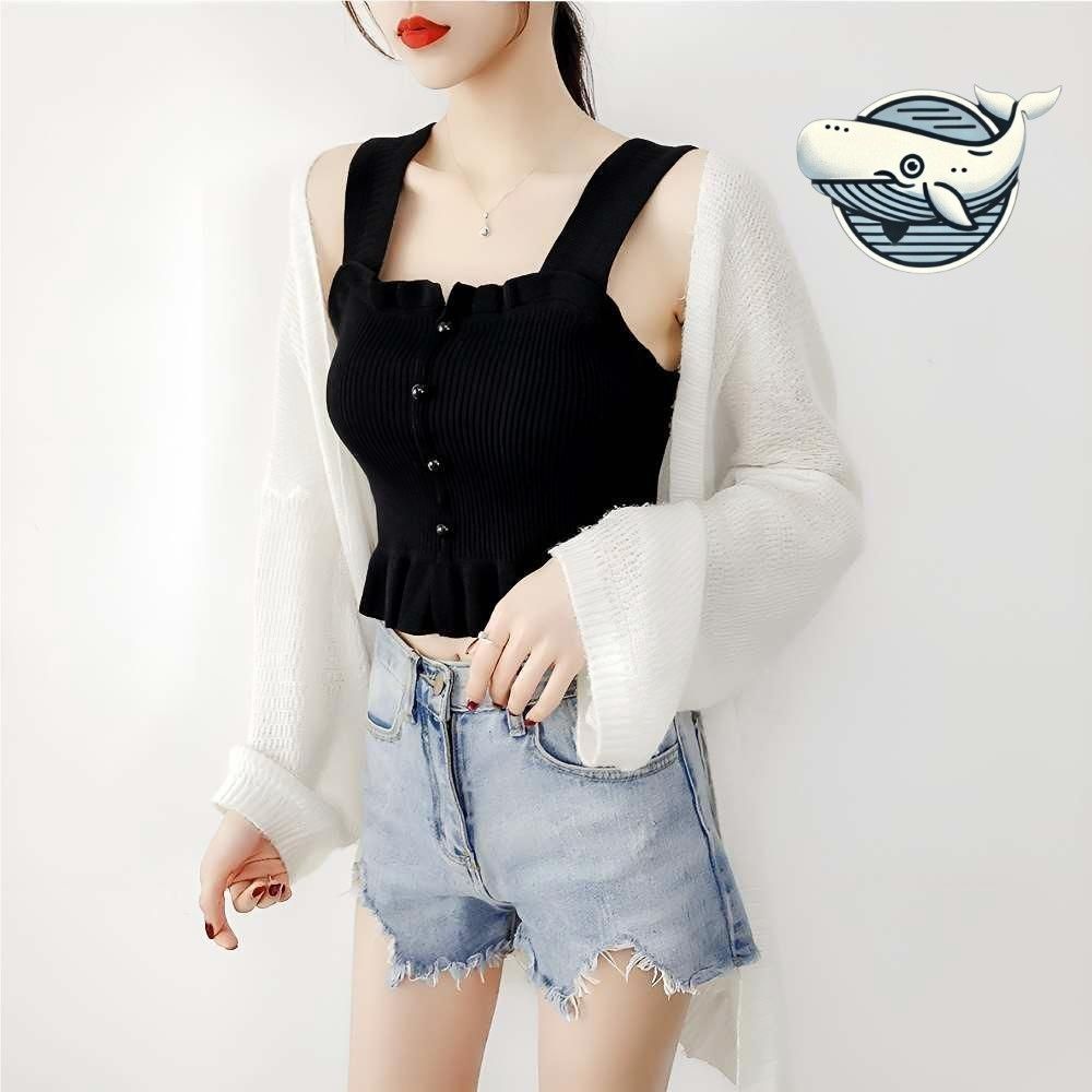 프릴 크롭 민소매 블랙 단추 레이어드 패션탑