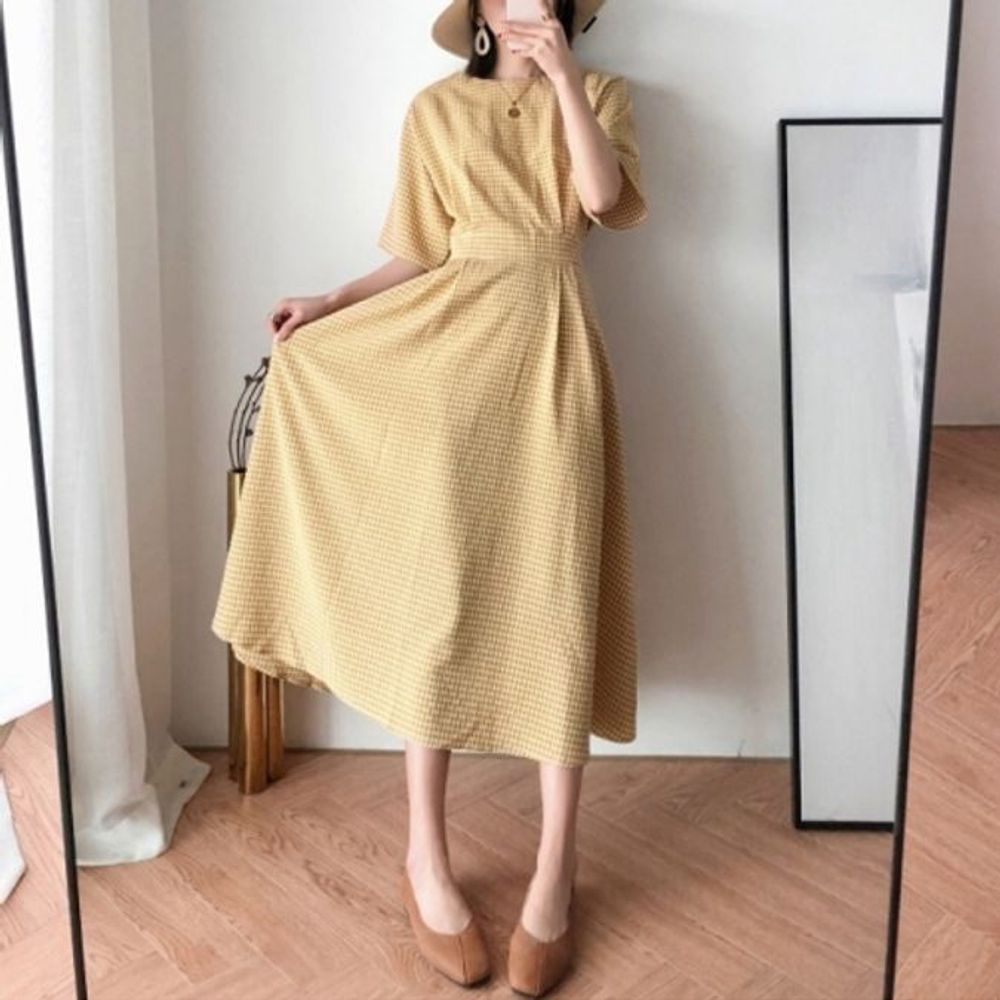 반팔 플레어 플래어 원피스 체크패턴 하객룩 여