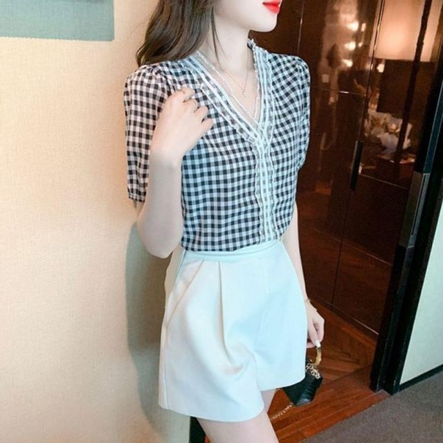 체크 여성 브이넥 기본 블라우스 데이 여름 데일리 반