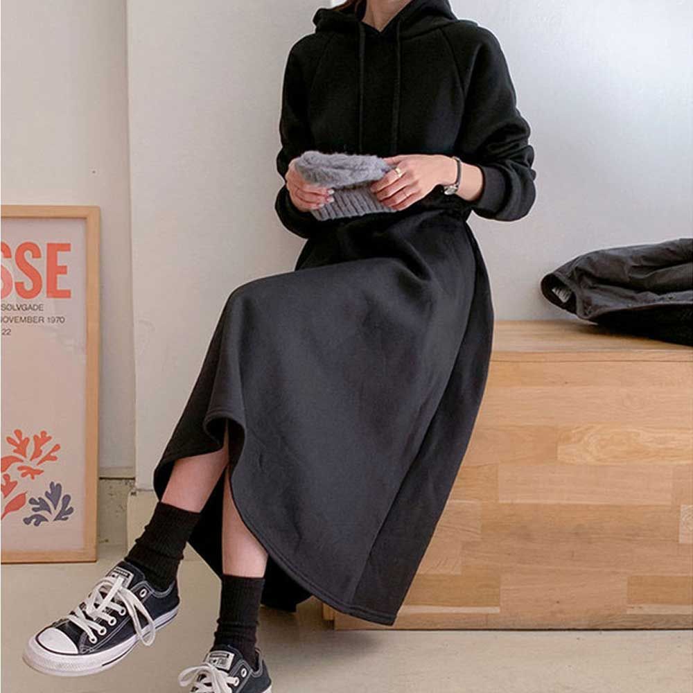 여자 집앞 외출 캐주얼 후드 롱 원피스 허리 밴딩