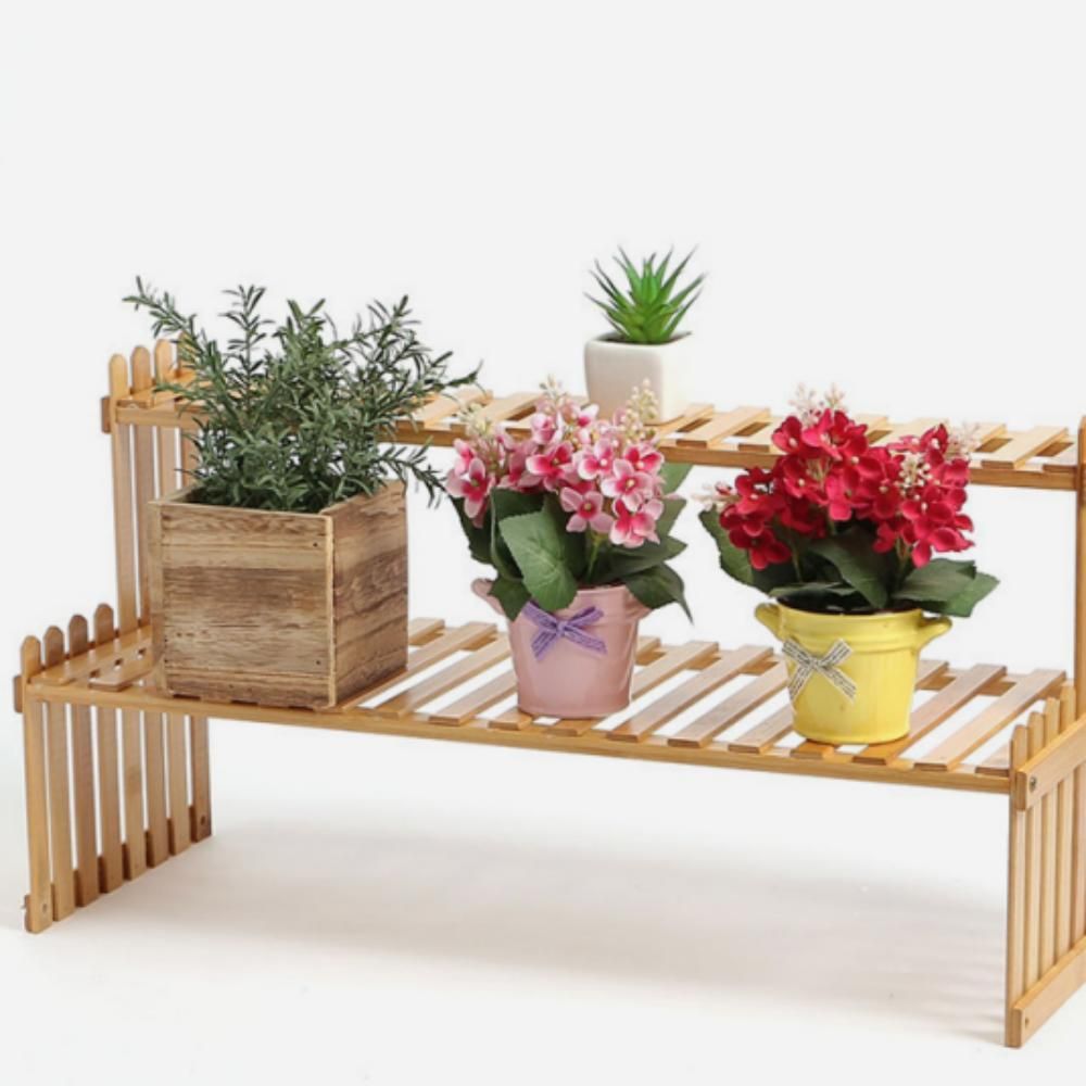 2단 화분 진열대 선반 대나무 우드 반려식물 57cm