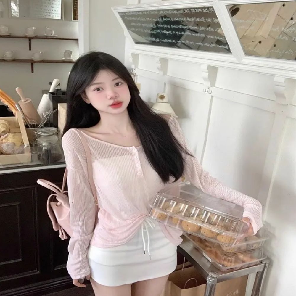여자 여름 여리핏 백스트랩 가벼운 시스루 티셔츠