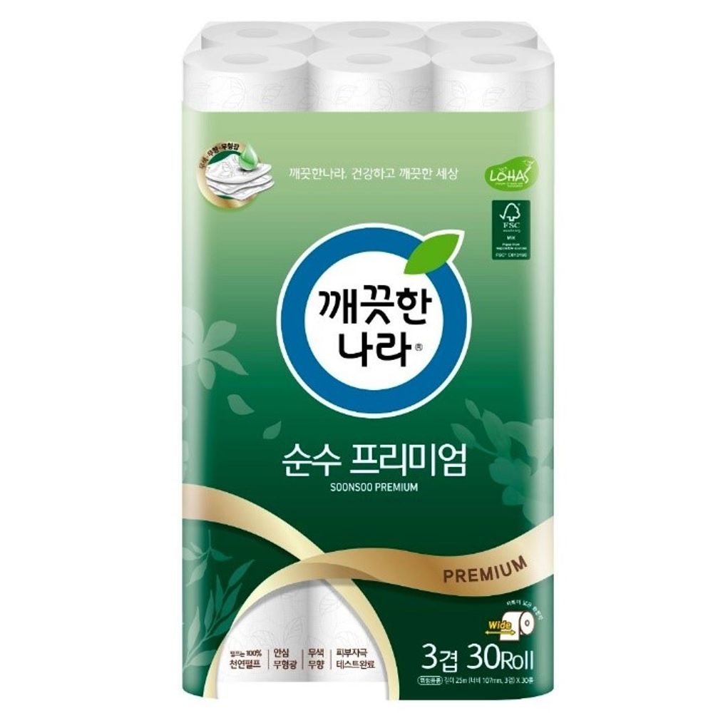 쿨샵 깨끗한나라 순수프리미엄 롤화장지 무형광 30롤