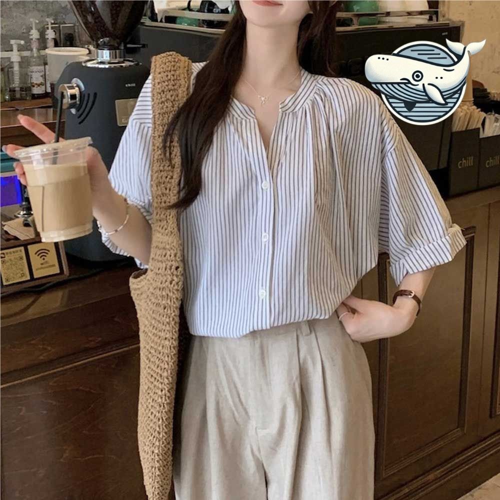 스트라이프 노카라 셔츠 여름 나들이 여리핏