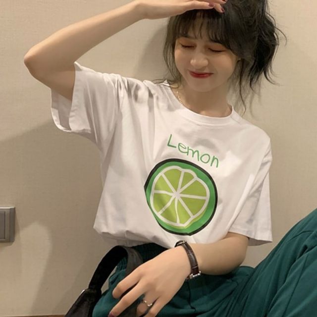 여자 라운드넥 외출 기본 귀여운 데이 프린팅 레몬 반