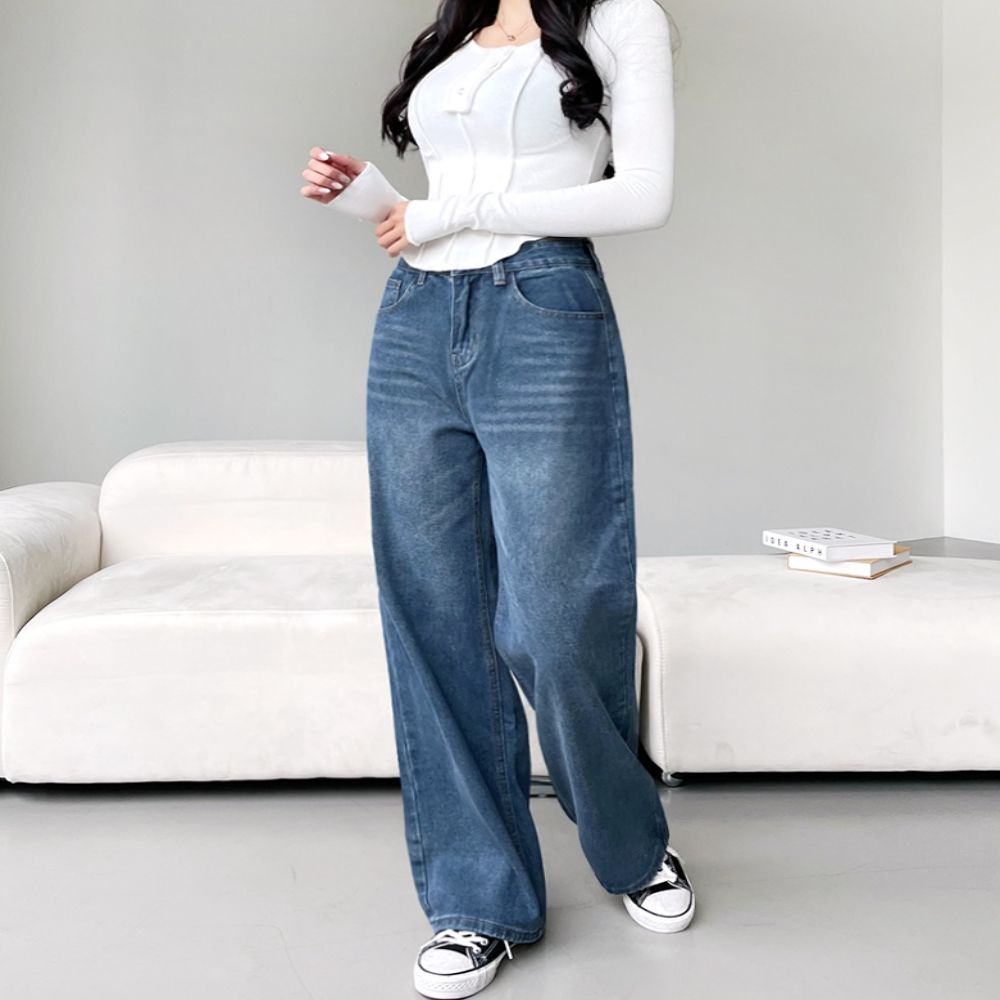 여성 라네 캣워싱 세미 와이드핏 데님팬츠 롱 청바지