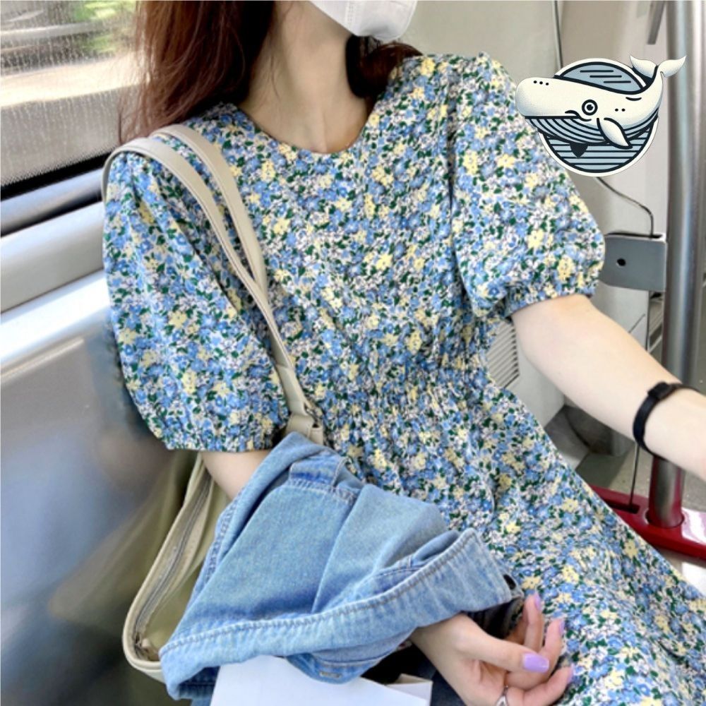 블루플라워 경량 반팔 롱드레스 봄여름 패셔너블