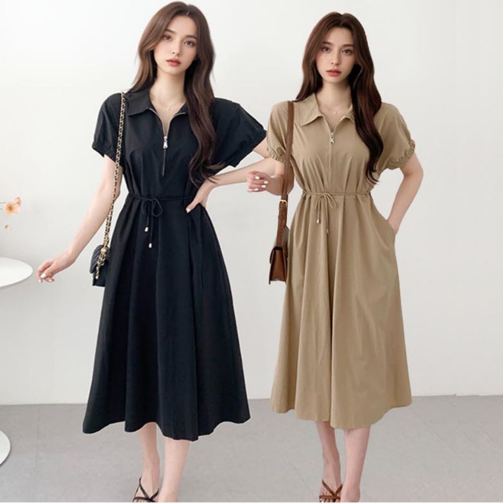 여성 여름원피스 반팔 카라 집업 레이스업 롱원피스