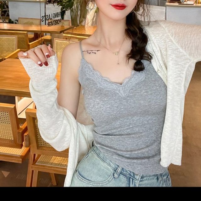 여자 이너 여성 기본 레이스 데이 민소매 V넥 끈나시