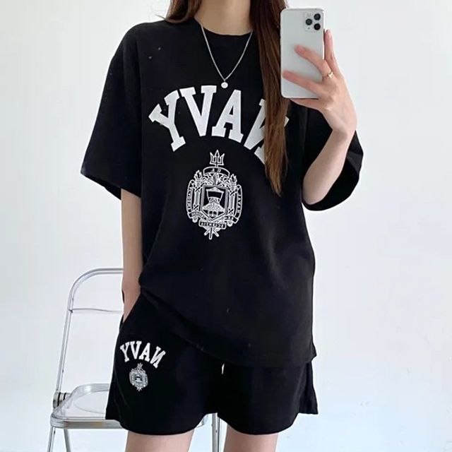 여성 반팔티 프린팅 기본 밴딩바지 데이 셋업