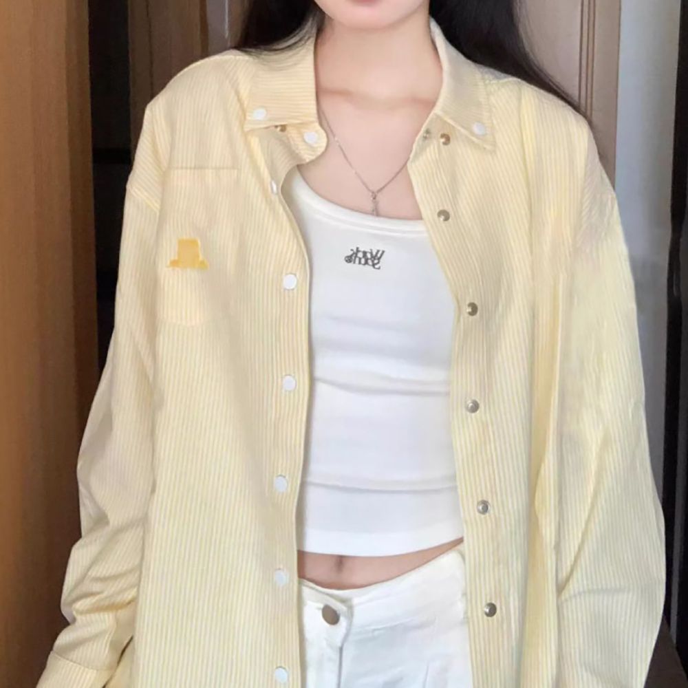 카라 스트라이프 자수 긴팔셔츠