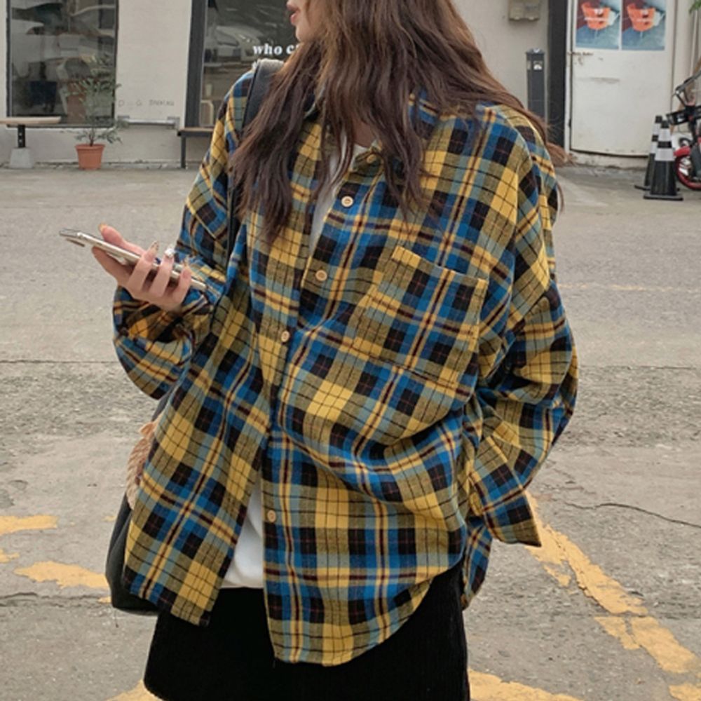 여성 오버핏 체크 긴팔 셔츠 1P 간절기 카라 남방