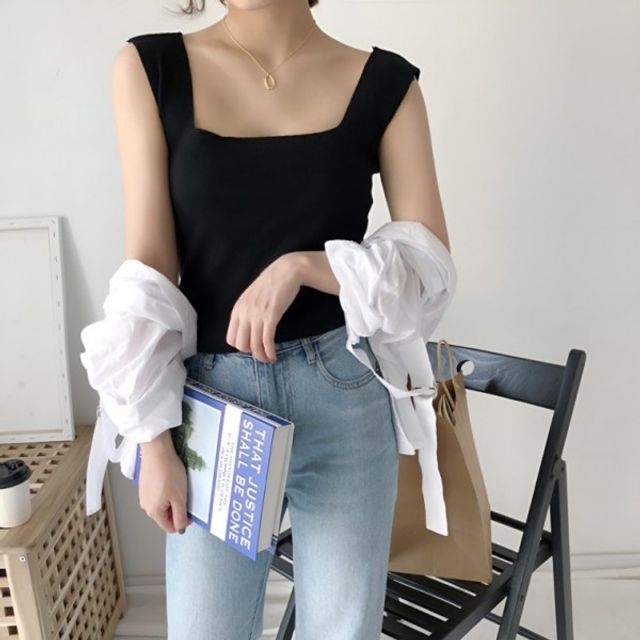 데일리 스퀘어넥 갈색 기본 베이직 데이 쫀쫀 나시 나