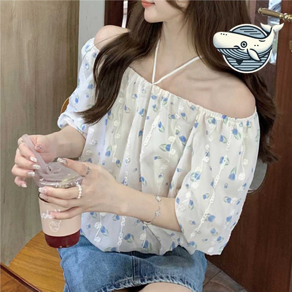 여름 리본 오프숄더 블라우스 자연스러운 튤립