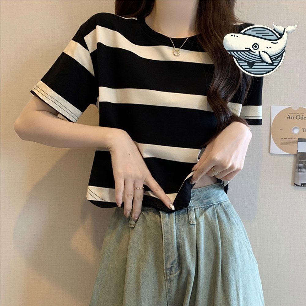 스트라이프 크롭 티셔츠 여름 캐주얼 데일리룩