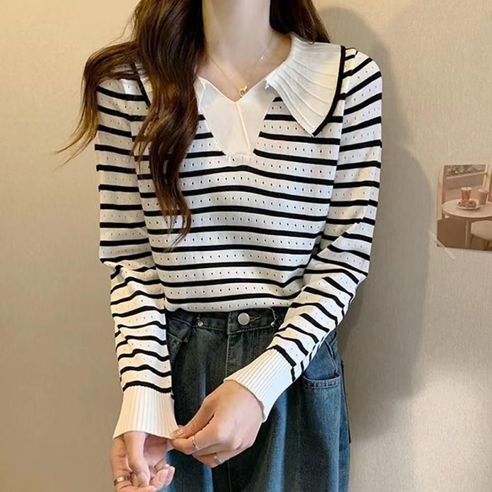 무지티 줄무늬 티셔츠 티 긴팔 카라 스트라이프