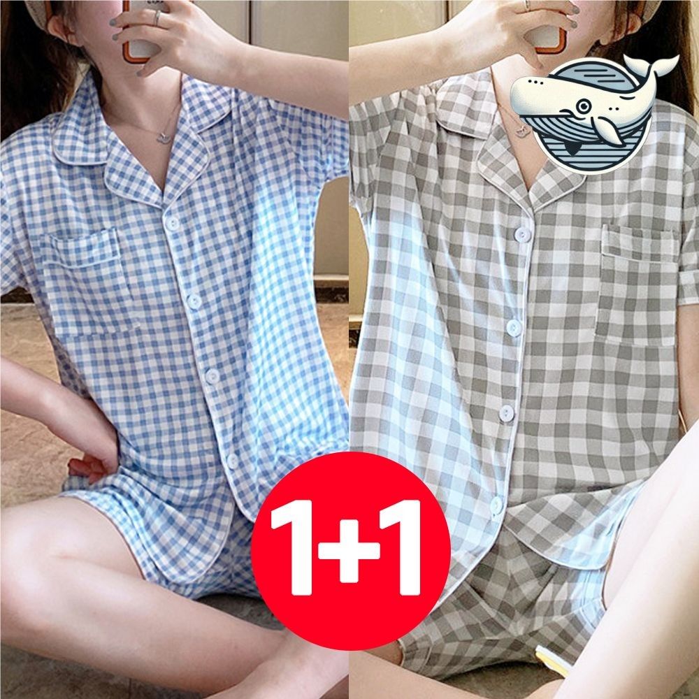 여성 여름 체크 패턴 반팔 잠옷 블루 그레이