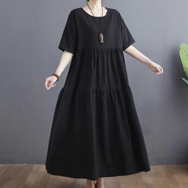 A라인 여유핏 원피스 기본 라운드넥 데이 캉캉 셔링