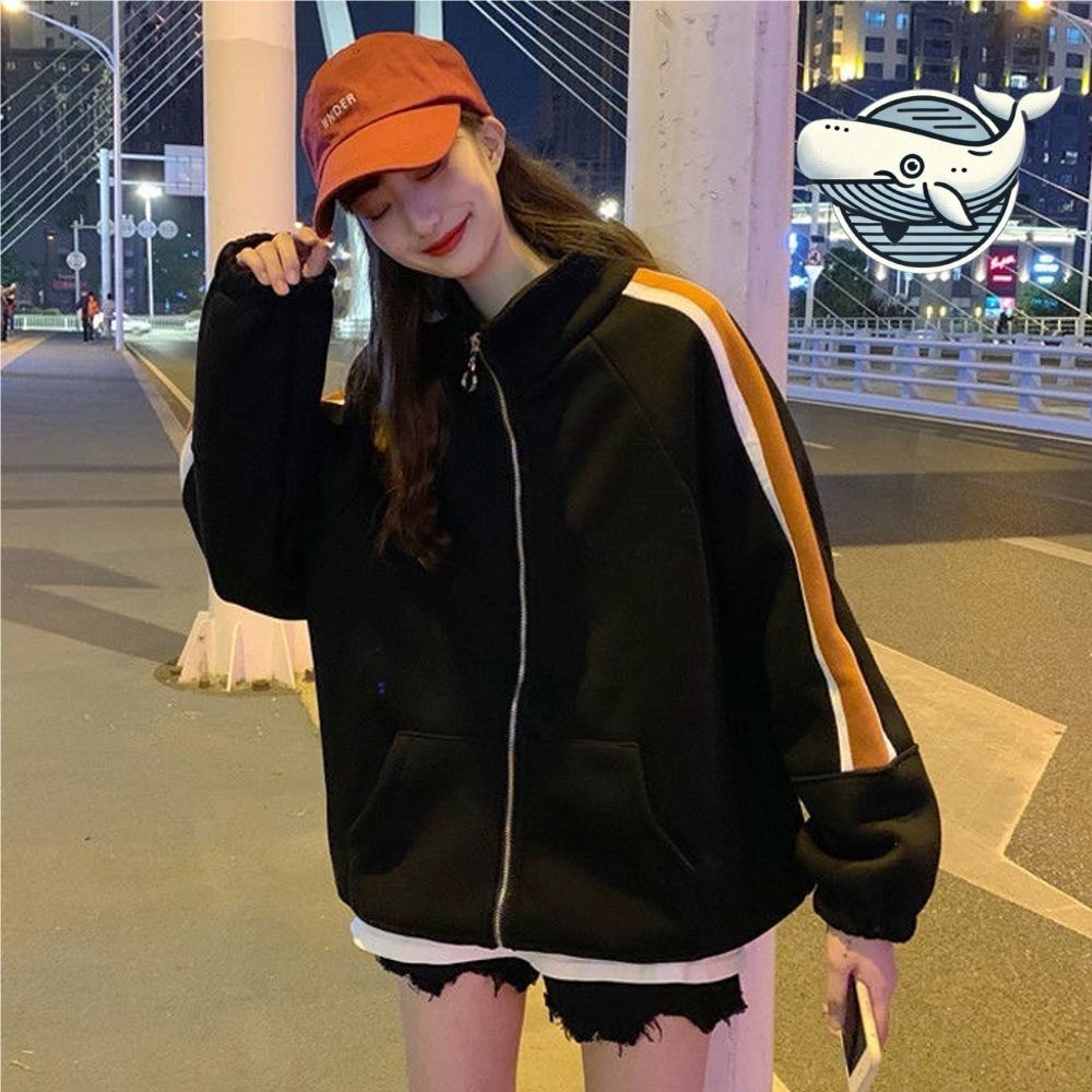 여성 루즈핏 기모 집업 배색 후드 스포츠