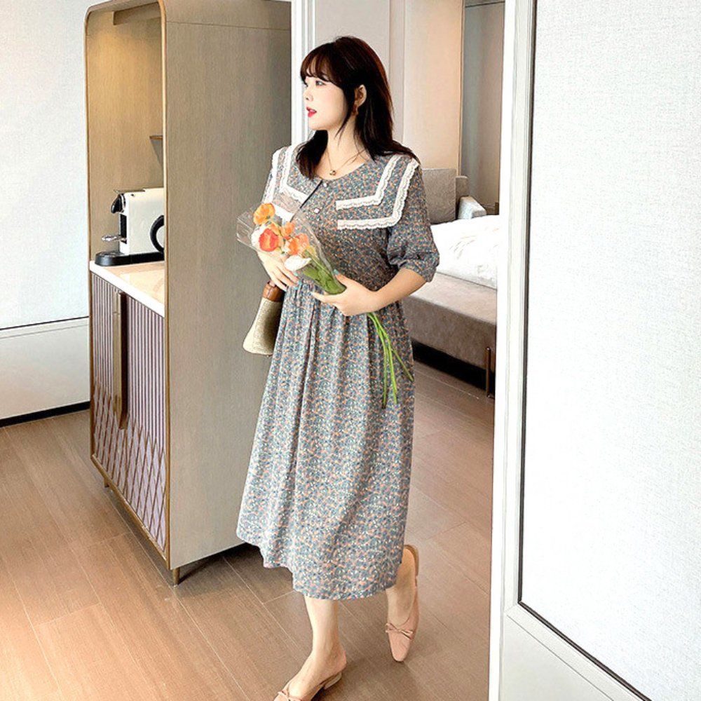 빅카라 이단 레이스 예쁜 라운드넥 반팔 롱원피스