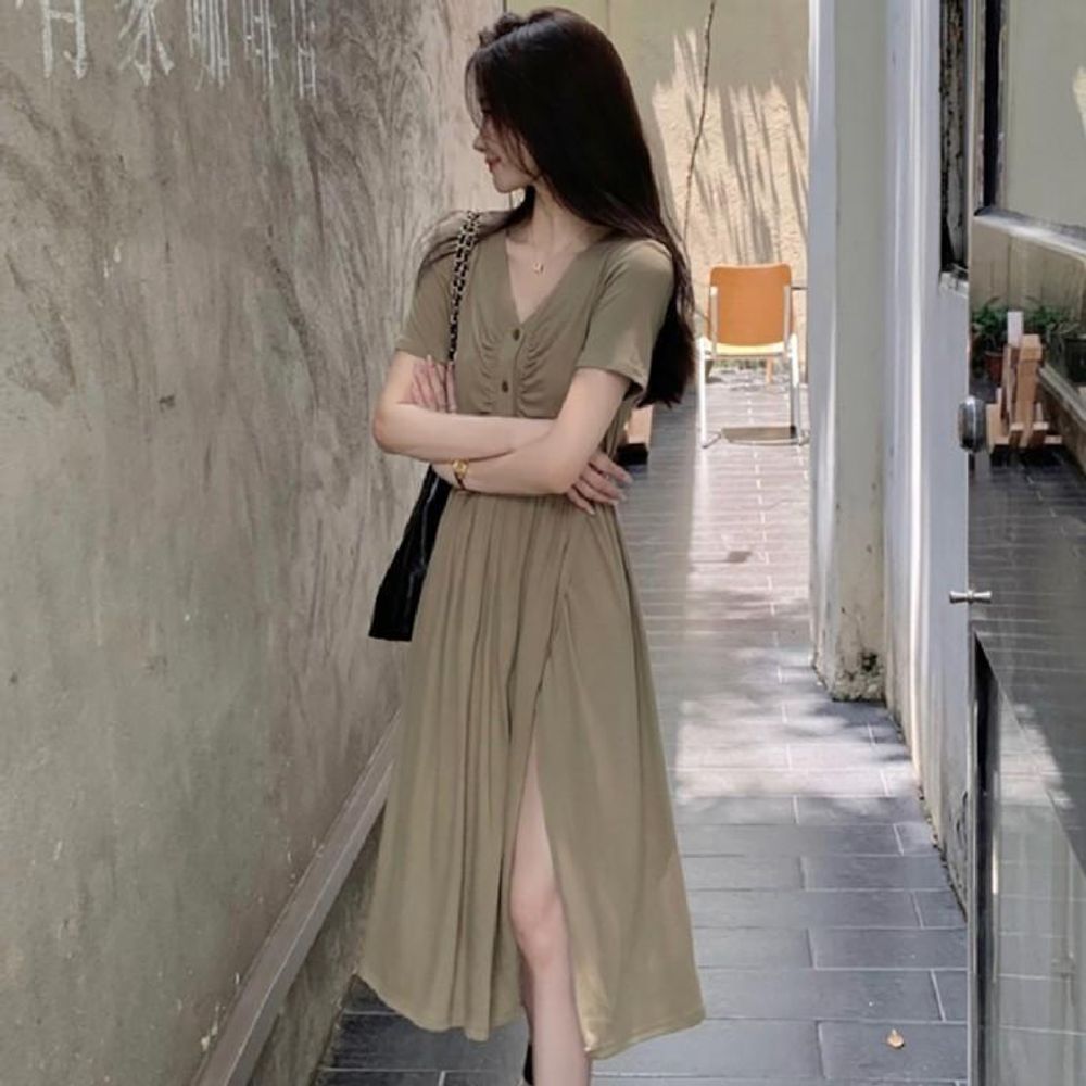 브이넥 랩스타일 원피스 D50