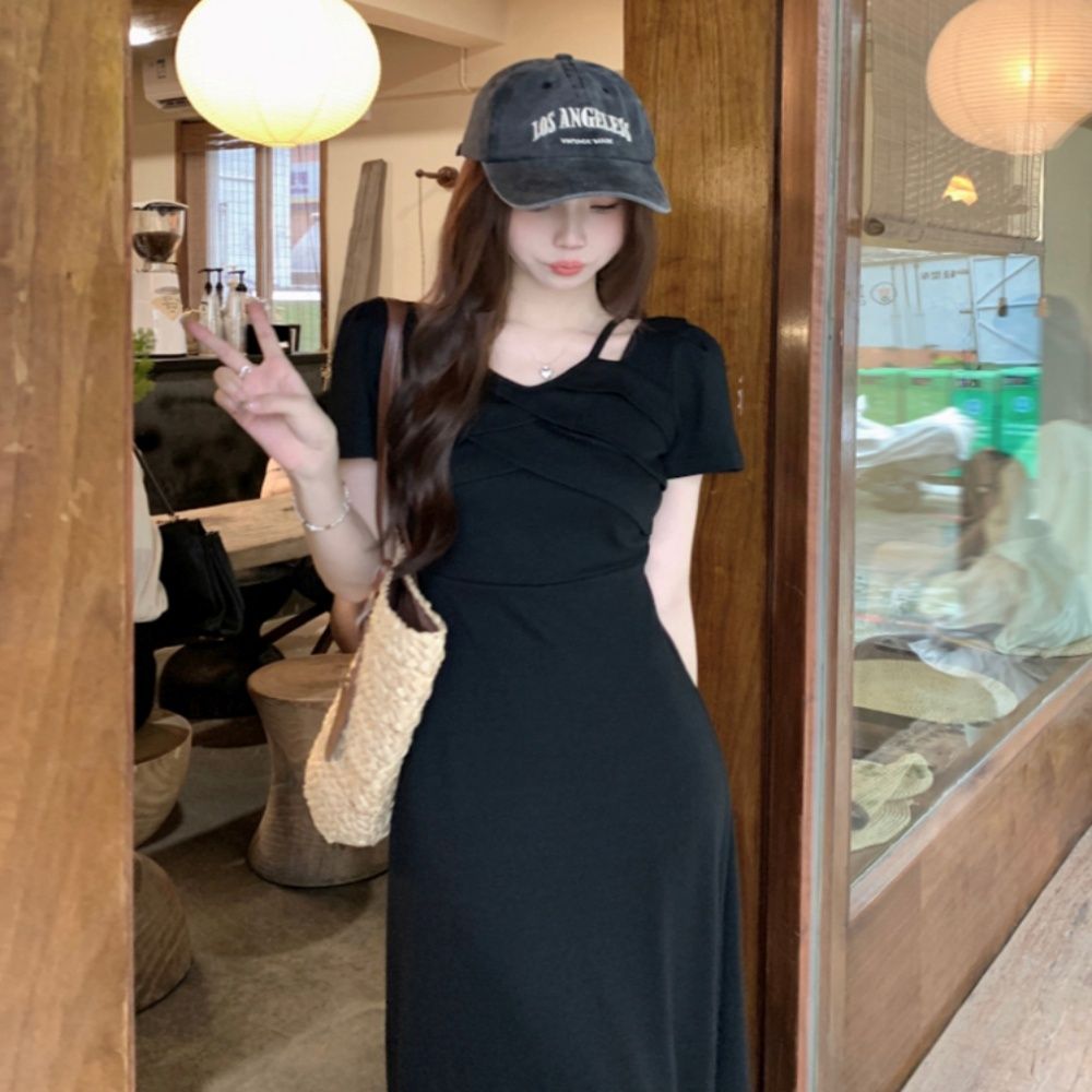 여성 맥시 롱 반팔 원피스 셔링 여름 날씬핏
