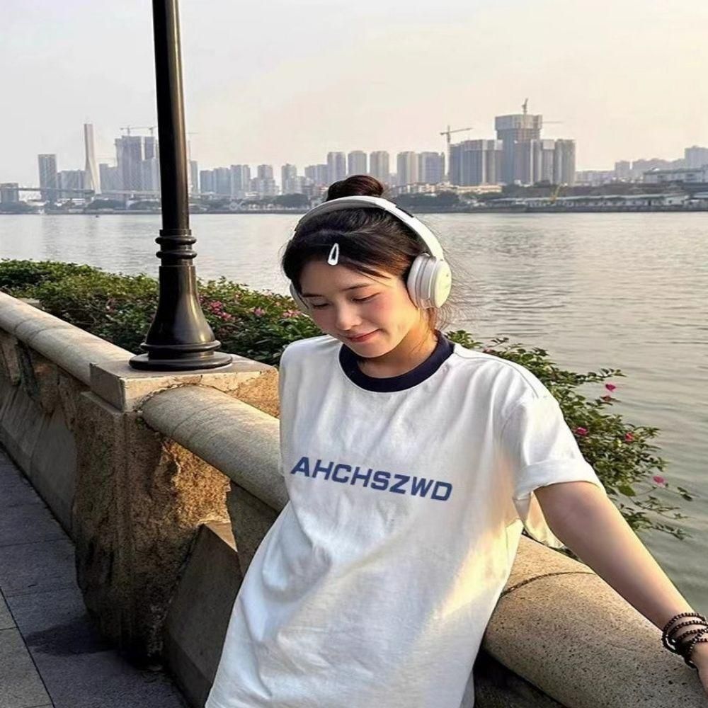 여자 여름 레터링 여유핏 캐주얼 반팔 티셔츠