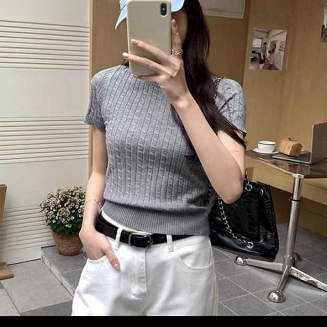 여성 꽈배기 라운드 기본 짜임 데이 여름 반팔 슬림