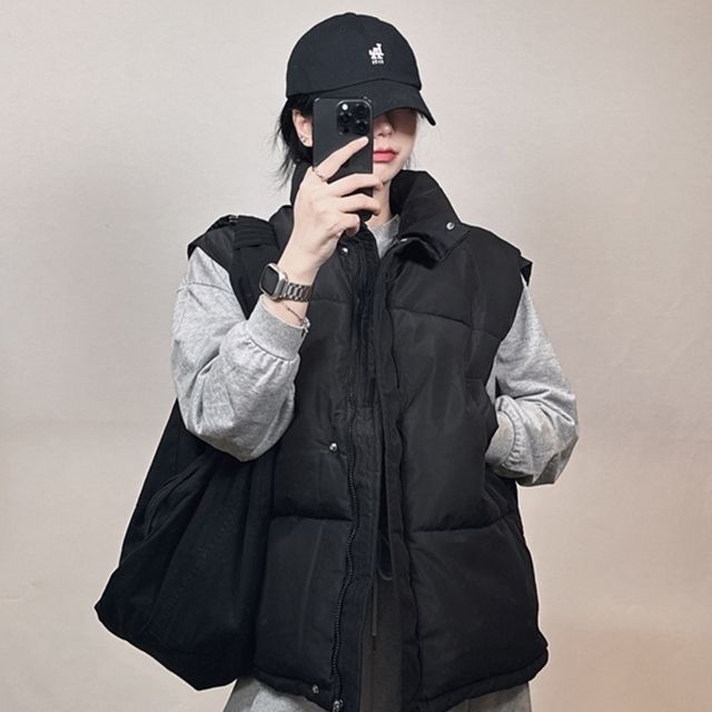 오버핏 스트링 포켓 패딩 조끼/빅사이즈 루즈핏 무광