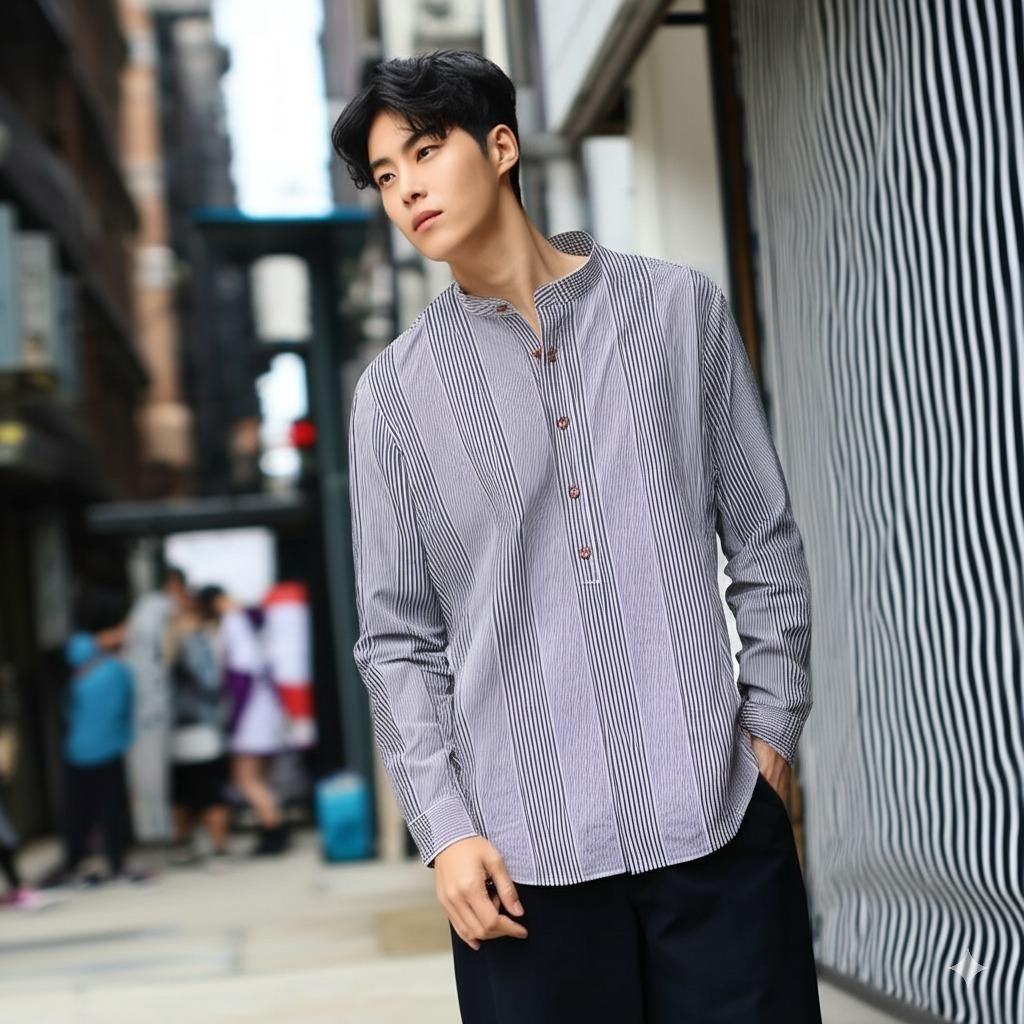 헨리넥 버튼 줄무늬 남성 셔츠