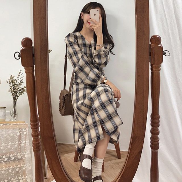 쉬폰 체크 루즈핏 롱 롱원피스 큐티 베이지 O