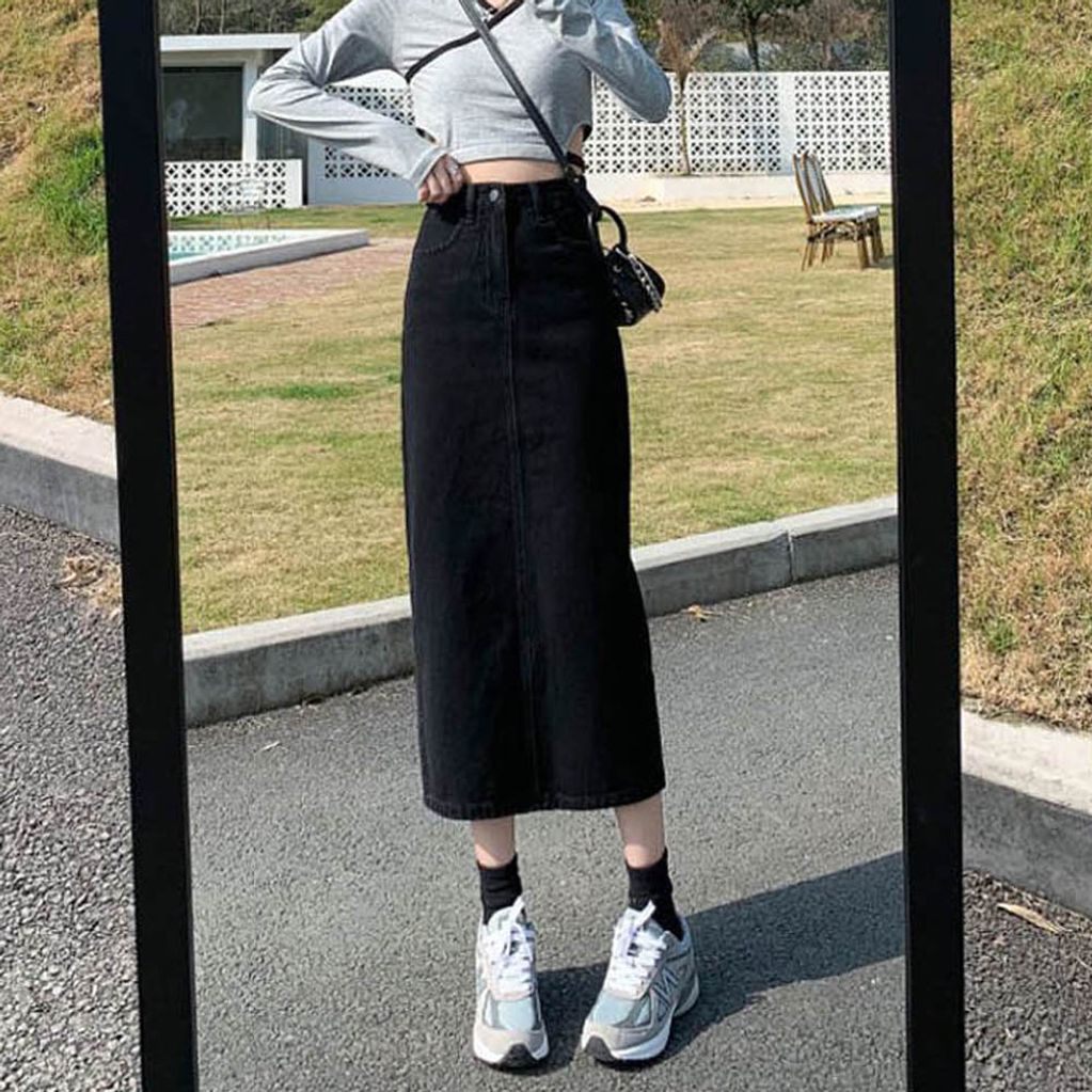 치마 스커트 데님 롱청 여자롱 블랙 블랙진 롱