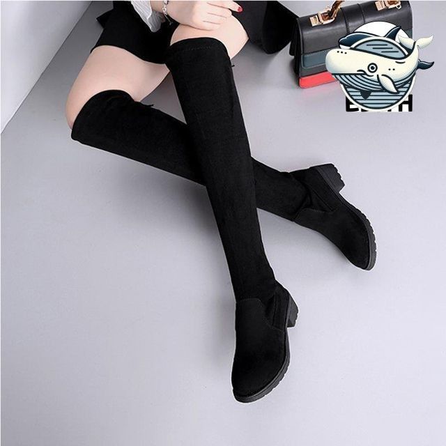트렌디한 블랙 스웨이드 미들힐 슬림 롱부츠